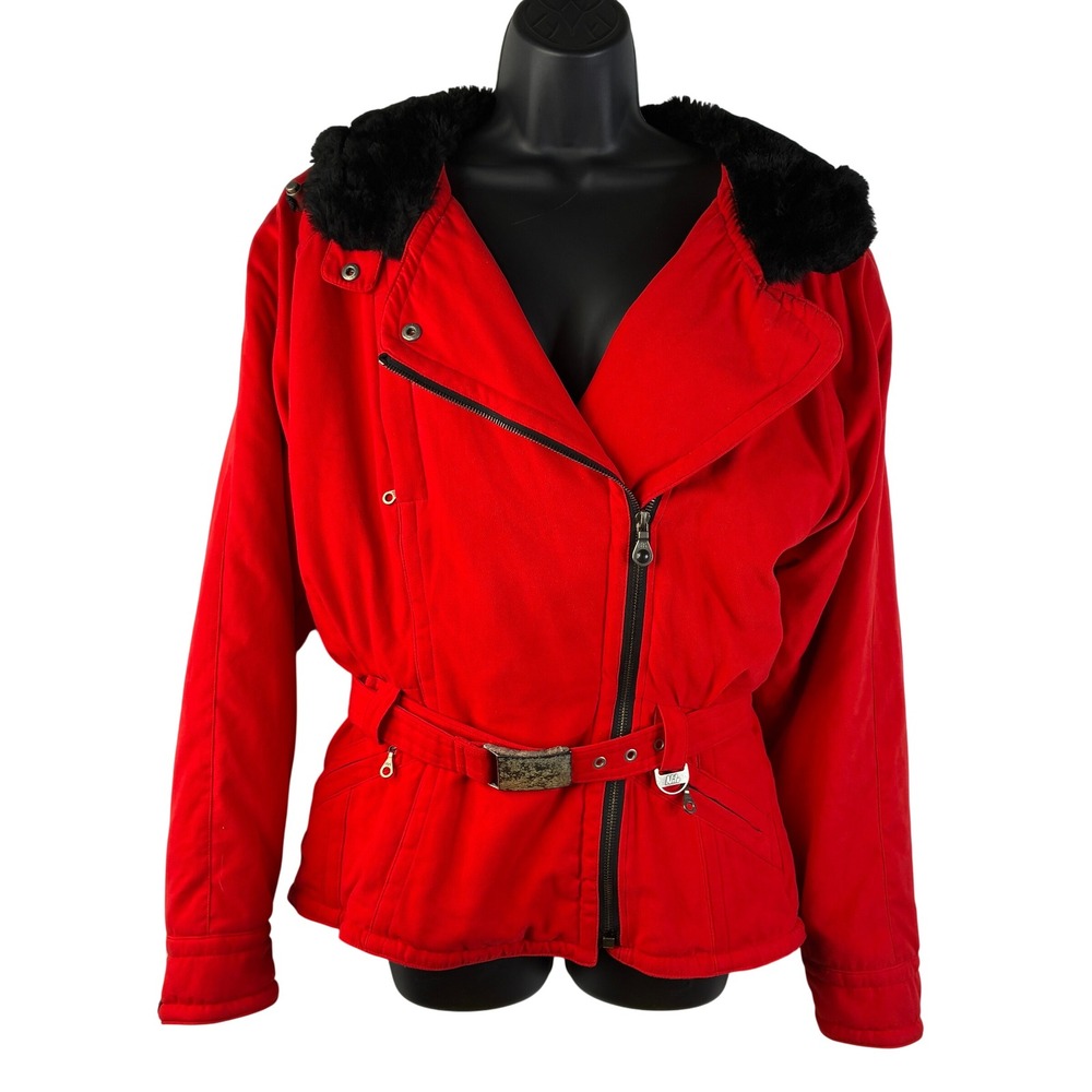Vintage‎ Nils Resort Collection Women's 10 Red Ski Jacket Faux Fur Collar Belted